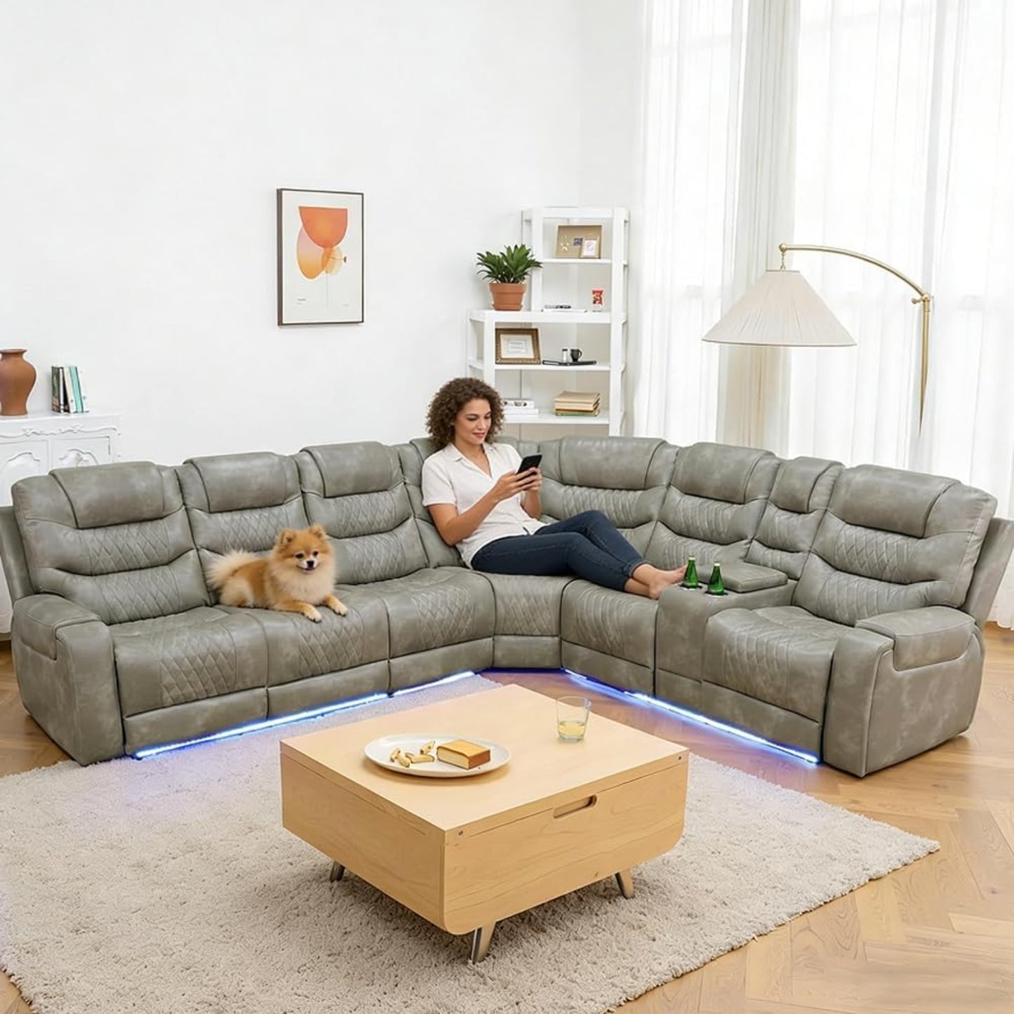 Breathing Leather Reclining Sofa Set,Power Recliner Sectional Couch with LED Light,Modern Living Room Furniture Set,Reclining Sectional Couch Set with USB Port/Storage for Home/Home Theater