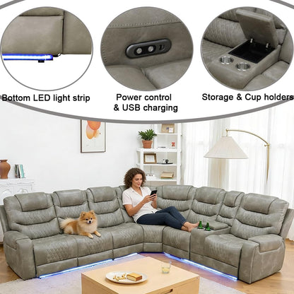 Breathing Leather Reclining Sofa Set,Power Recliner Sectional Couch with LED Light,Modern Living Room Furniture Set,Reclining Sectional Couch Set with USB Port/Storage for Home/Home Theater