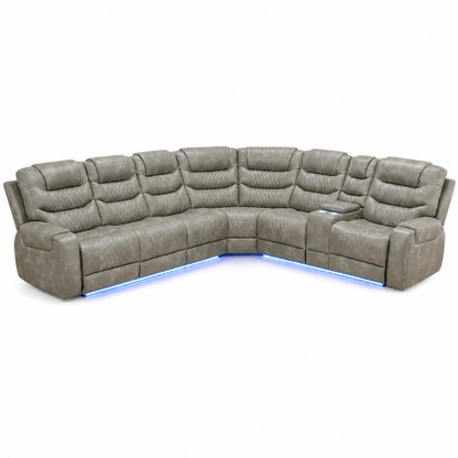 Breathing Leather Reclining Sofa Set,Power Recliner Sectional Couch with LED Light,Modern Living Room Furniture Set,Reclining Sectional Couch Set with USB Port/Storage for Home/Home Theater