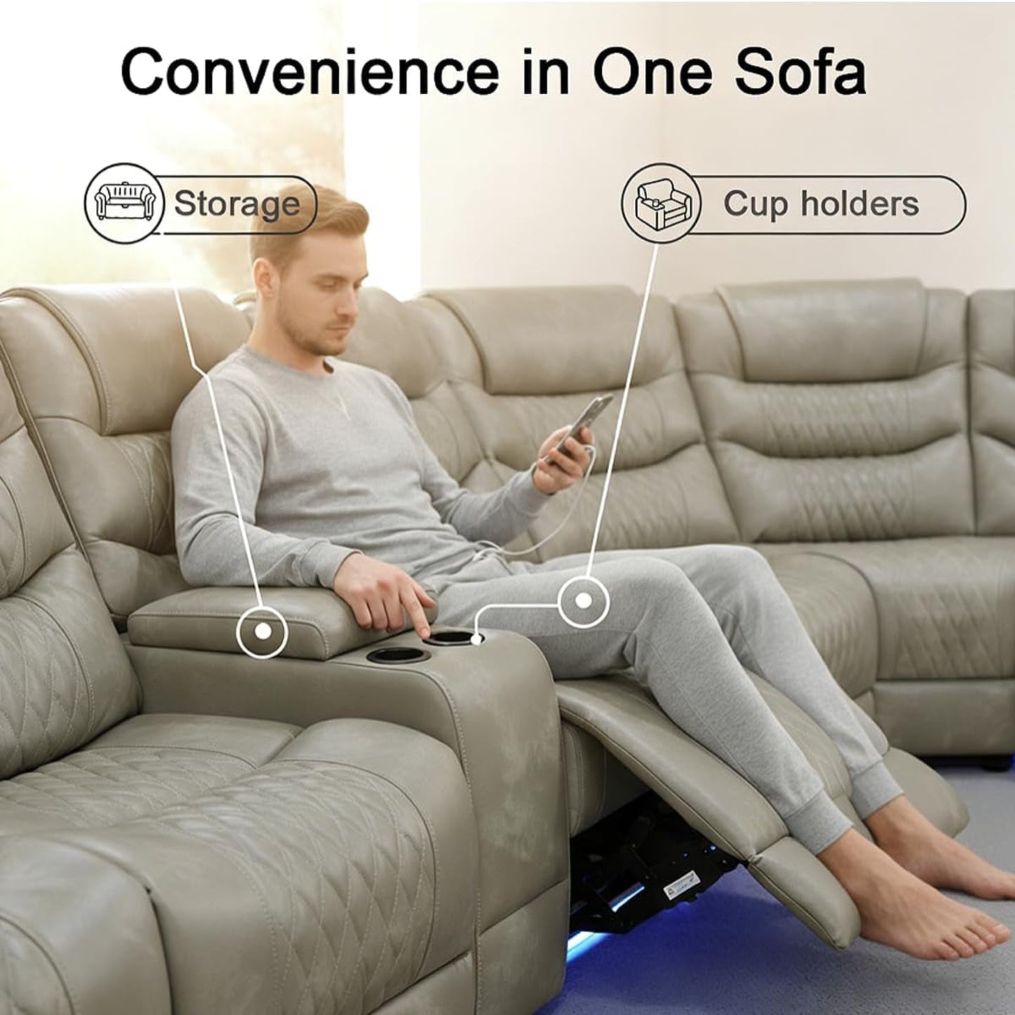 Breathing Leather Reclining Sofa Set,Power Recliner Sectional Couch with LED Light,Modern Living Room Furniture Set,Reclining Sectional Couch Set with USB Port/Storage for Home/Home Theater