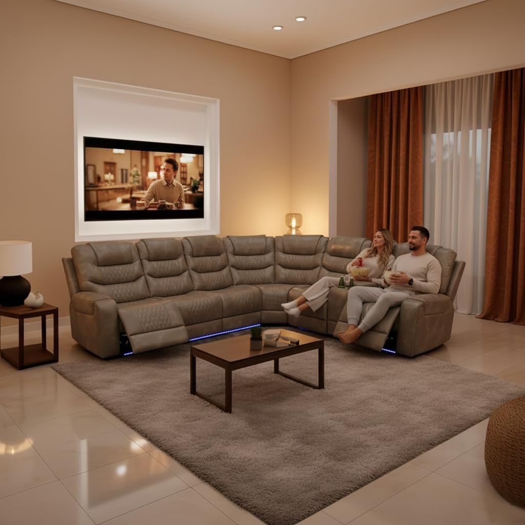 Breathing Leather Reclining Sofa Set,Power Recliner Sectional Couch with LED Light,Modern Living Room Furniture Set,Reclining Sectional Couch Set with USB Port/Storage for Home/Home Theater