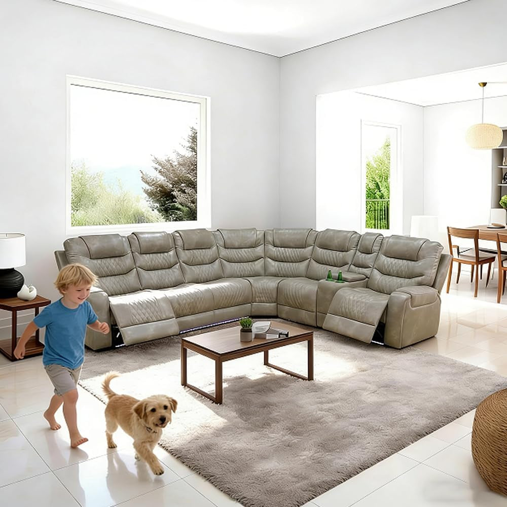 Breathing Leather Reclining Sofa Set,Power Recliner Sectional Couch with LED Light,Modern Living Room Furniture Set,Reclining Sectional Couch Set with USB Port/Storage for Home/Home Theater